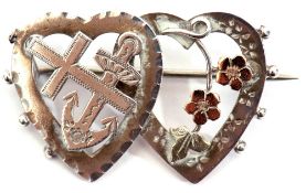 Victorian silver faith, hope and charity brooch, a design of two overlapped open work hearts,
