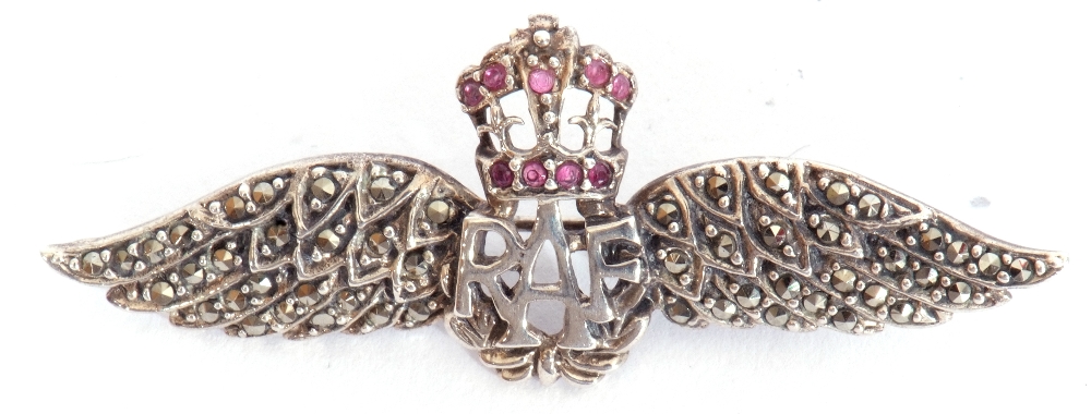 Ruby and marcasite RAF sweetheart pin, stamped sterling, 5.5cm long - Image 3 of 3