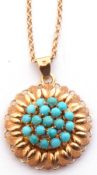 Continental yellow metal and turquoise pendant on a 375 stamped chain, g/w 8.4gms