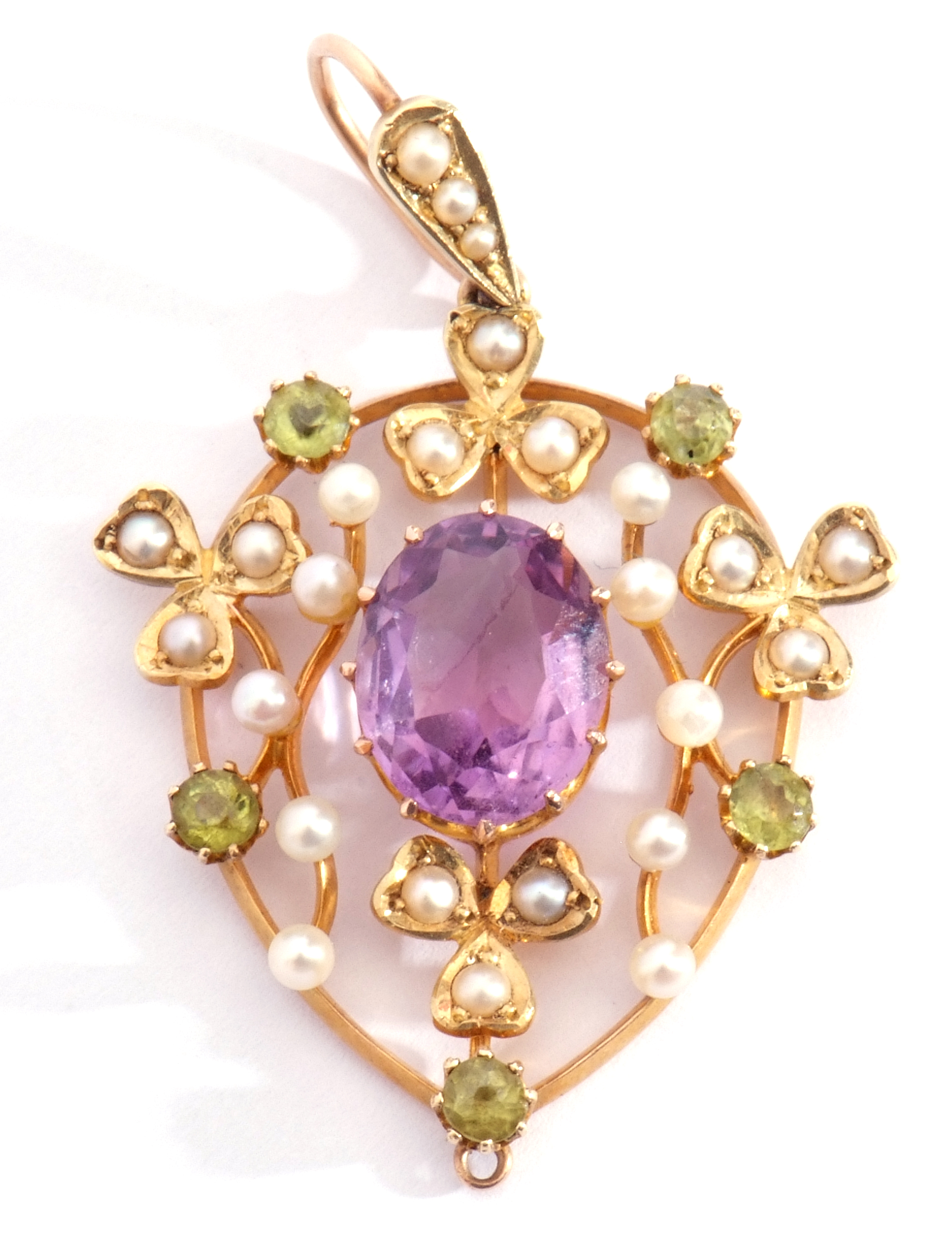 Amethyst, peridot and seed pearl open work pendant centring an oval multi-claw set faceted - Image 3 of 5