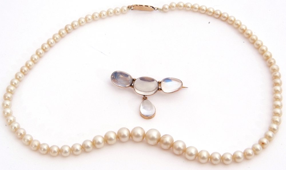 Mixed Lot: moonstone drop four stone brooch, 14cm long, together with a CIRO single row simulated - Image 2 of 7