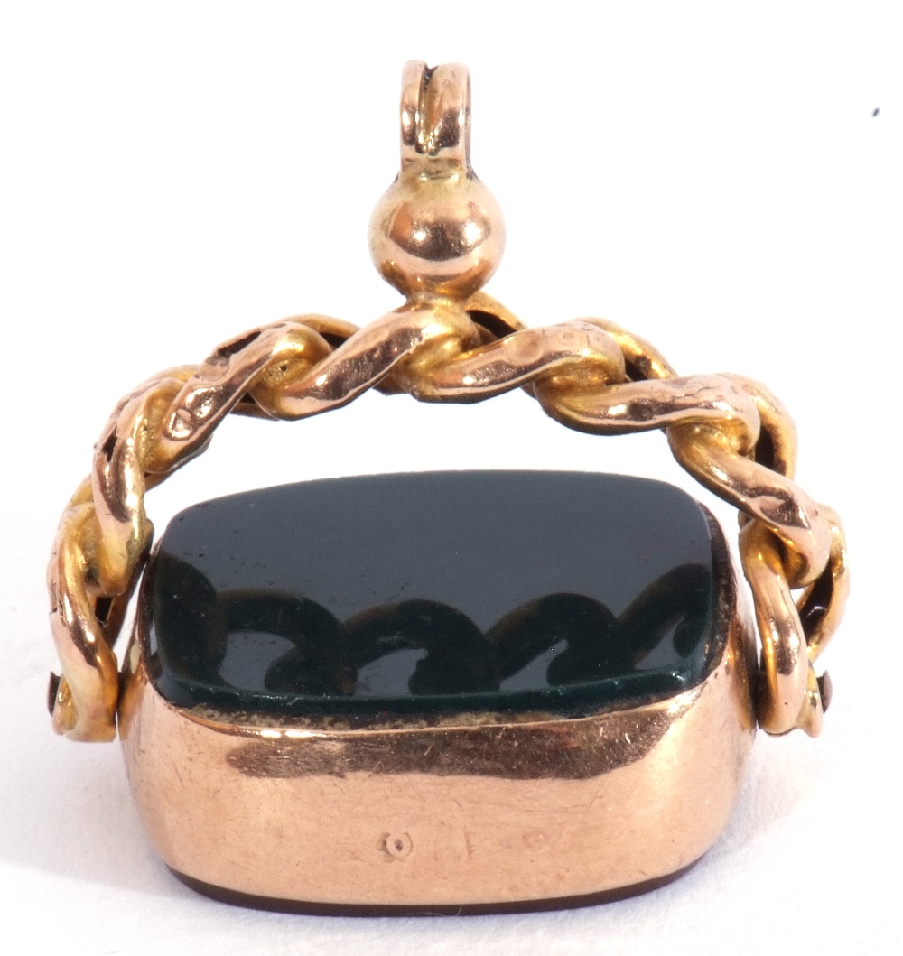 Victorian 9ct stamped swivel fob, shaped rectangular form, bloodstone and carnelian panels on a rope