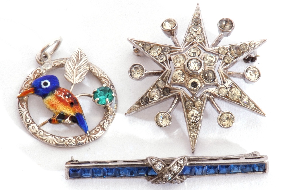 Mixed Lot: hallmarked silver and paste set star brooch, enamel decorated bird open pendant,