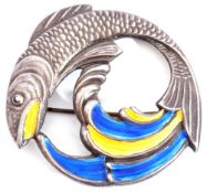 Vintage white metal and enamel fish brooch, a leaping textured salmon decorated with blue and yellow