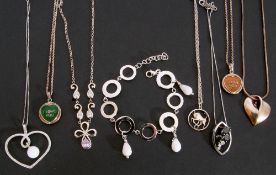 Mixed Lot: white metal jewellery to include four heart pendant necklaces, disc and bead bracelet,