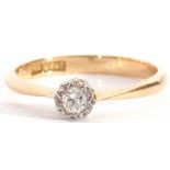 Single stone diamond ring, a round brilliant cut diamond, 0.15ct approx, in an illusion setting,