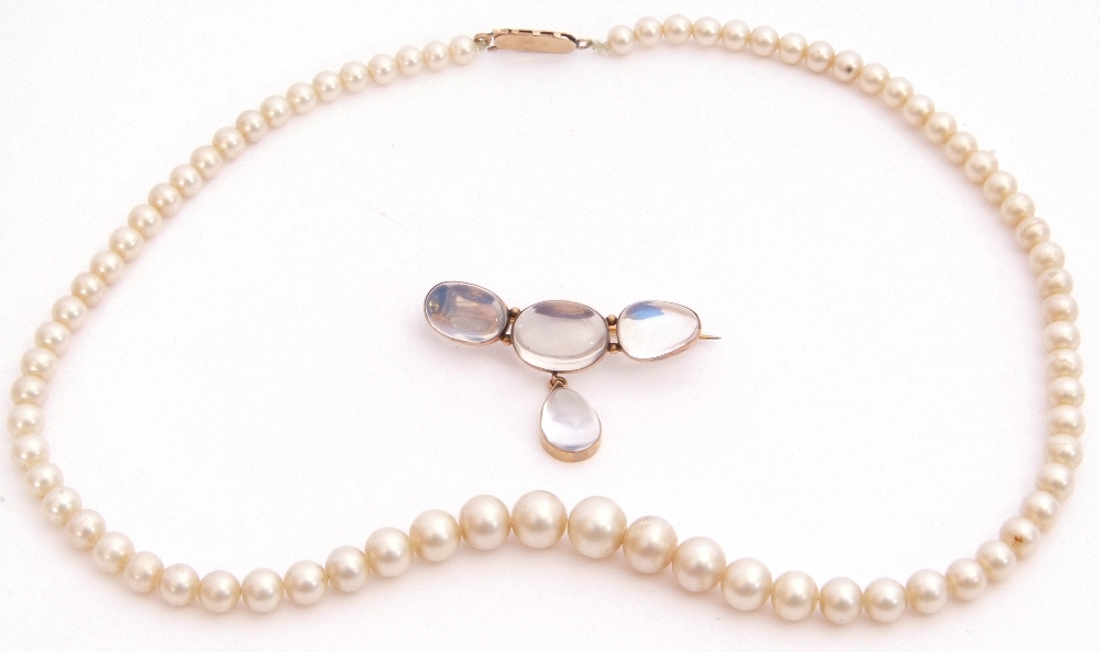 Mixed Lot: moonstone drop four stone brooch, 14cm long, together with a CIRO single row simulated - Image 7 of 7