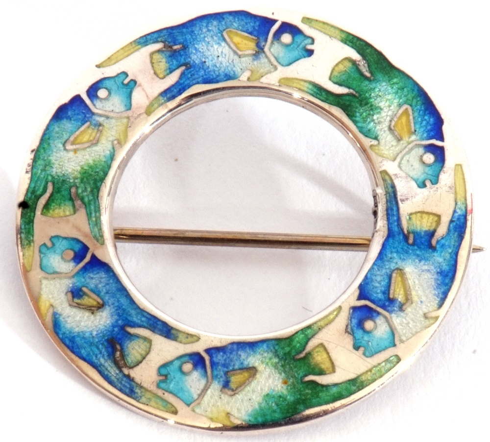 Arts & Crafts sterling and enamel brooch, circular pierced shape, a design of coloured enamel