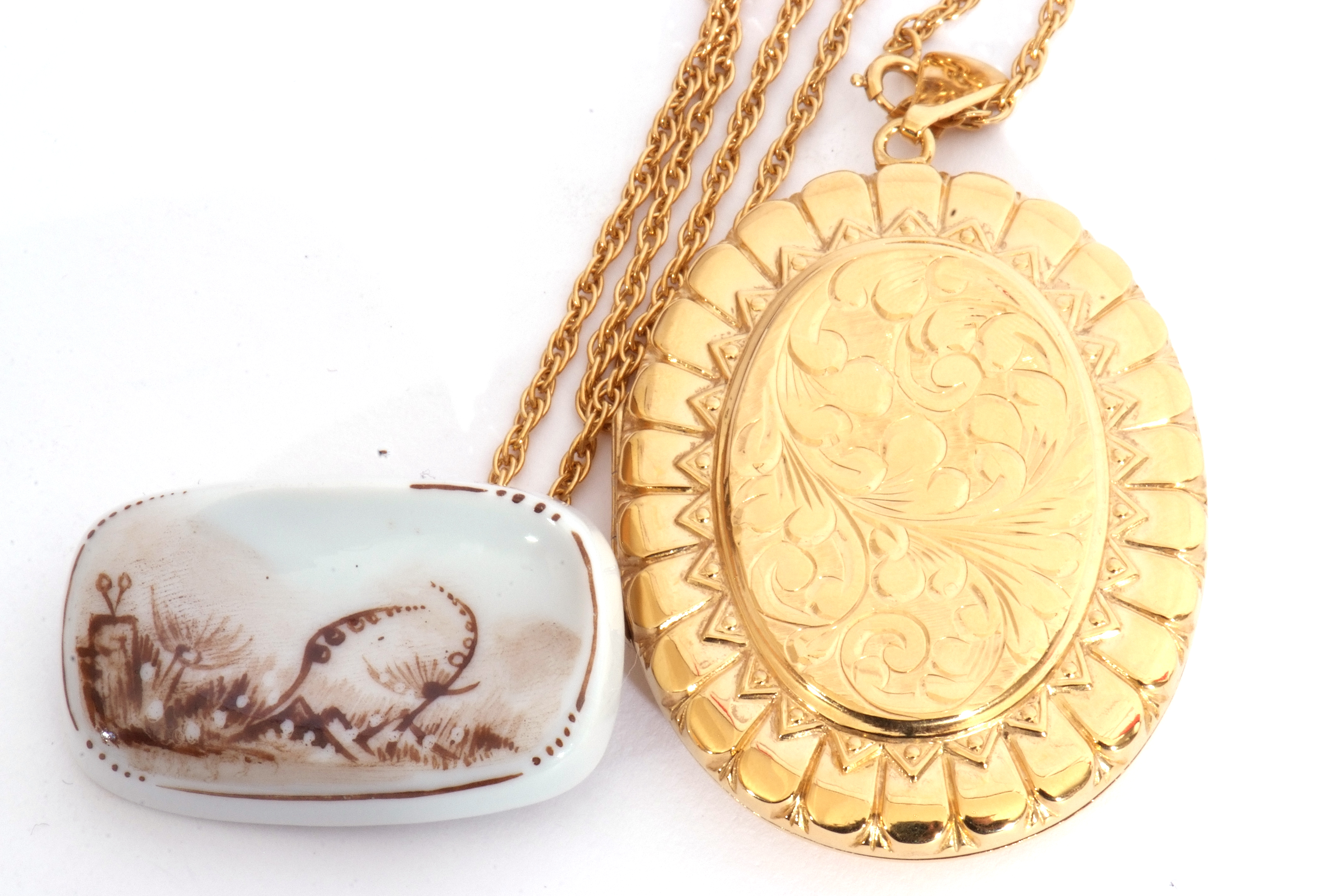 Large gold plated oval locket on a 925 stamped chain together with a porcelain brooch, brass cross - Image 2 of 9