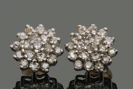 Pair of diamond cluster earrings, each featuring 19 small single cut diamonds in a flowerhead