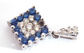 Modern precious metal sapphire and diamond pendant centring nine small diamonds within a small
