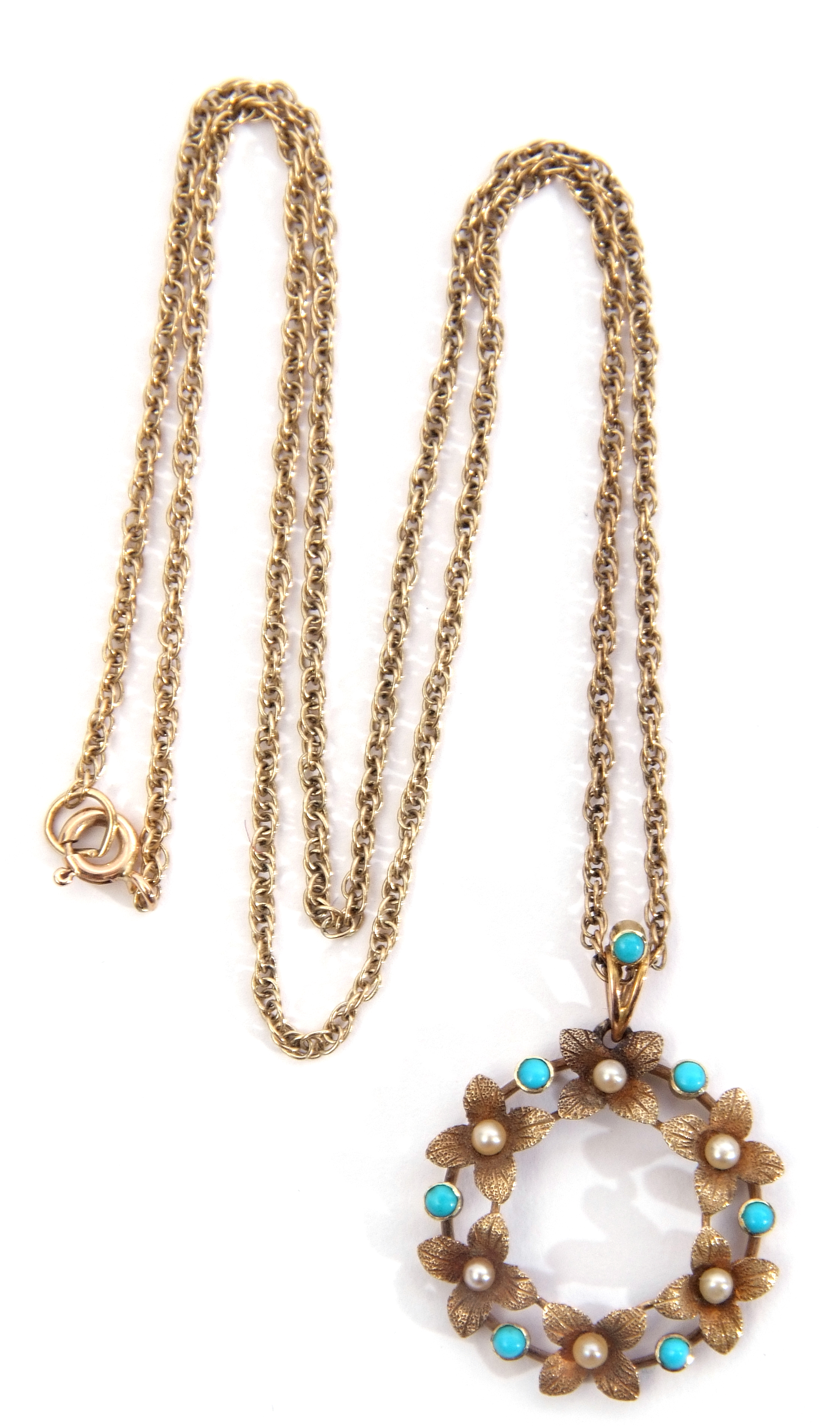 Early 20th century 15ct stamped turquoise and seed pearl open work pendant, a design of a garland of - Image 2 of 2