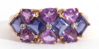 9ct gold amethyst and diamond cluster ring featuring ten mixed cut amethysts highlighted with