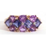 9ct gold amethyst and diamond cluster ring featuring ten mixed cut amethysts highlighted with