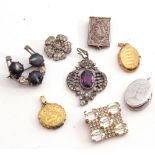 Mixed Lot: four metal lockets, an 800 stamped paste set open work pendant, together with three other