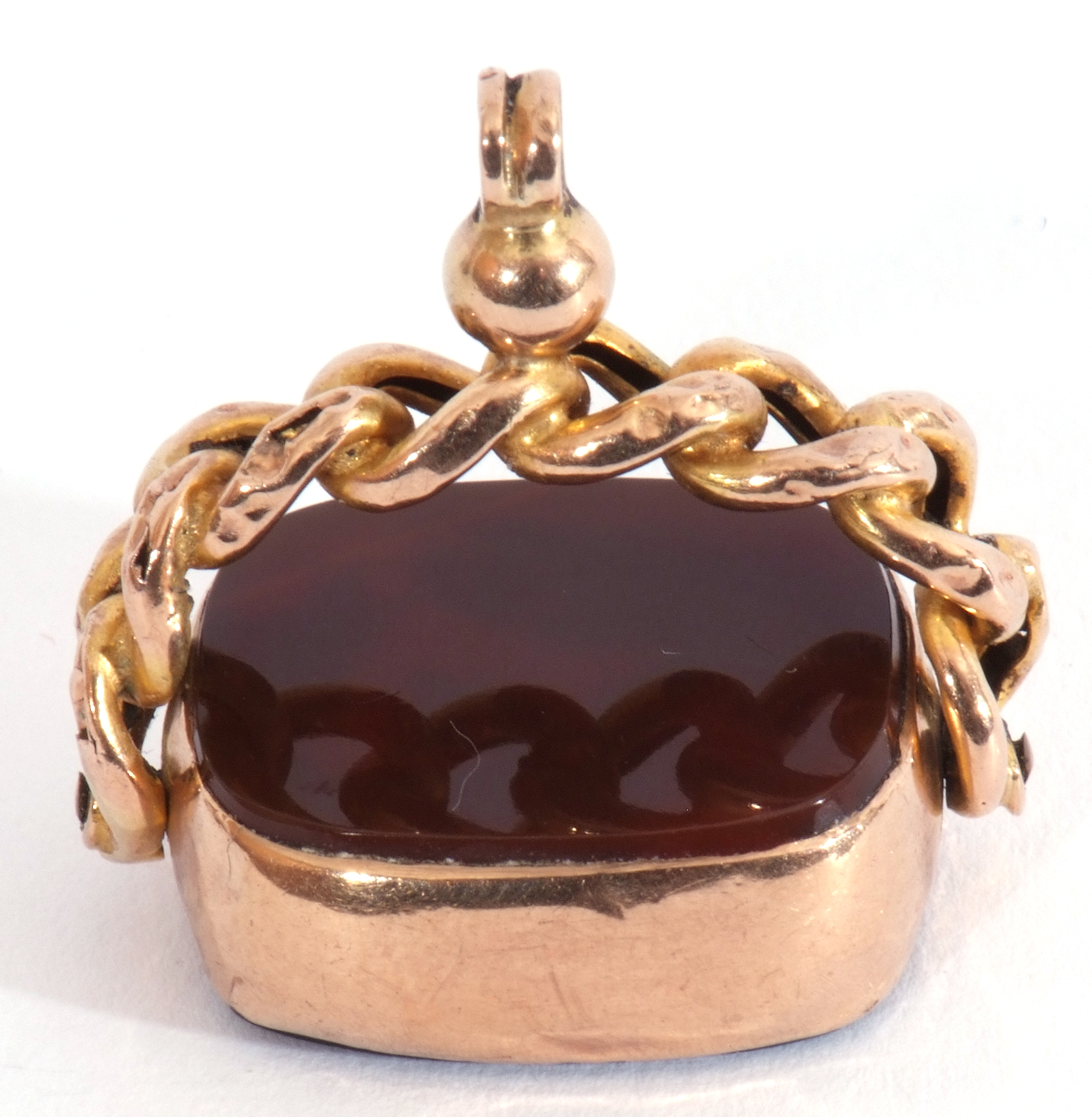 Victorian 9ct stamped swivel fob, shaped rectangular form, bloodstone and carnelian panels on a rope - Image 2 of 3