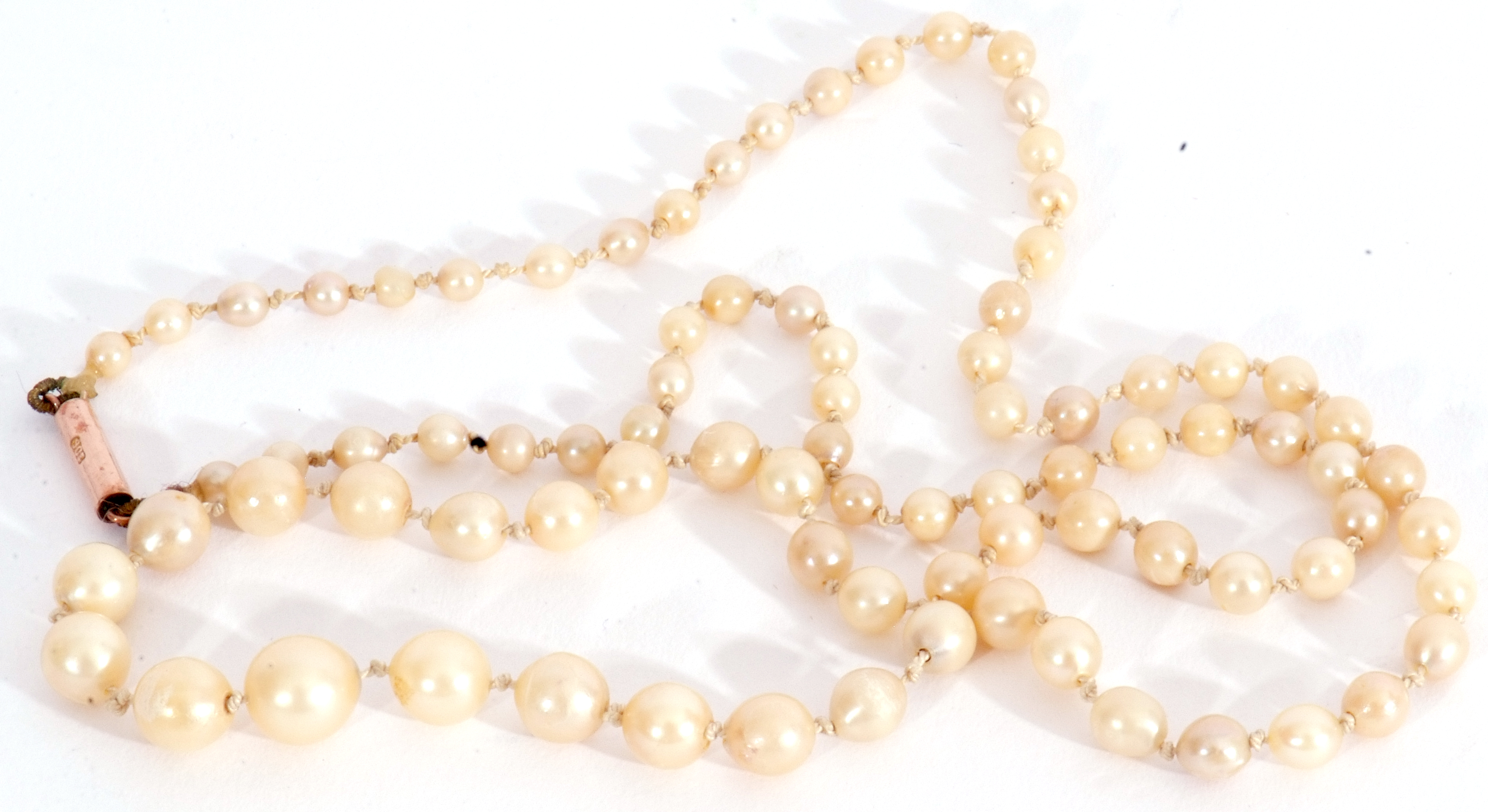 Single row of cultured graduated pearls, 5/3mm, to a 9ct stamped barrel clasp, 26cm long fastened - Image 2 of 4