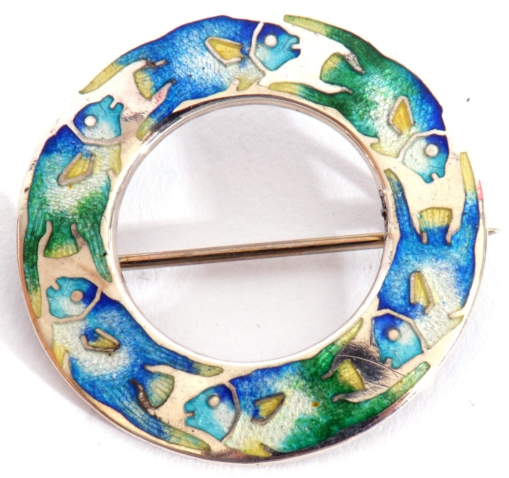 Arts & Crafts sterling and enamel brooch, circular pierced shape, a design of coloured enamel - Image 4 of 5