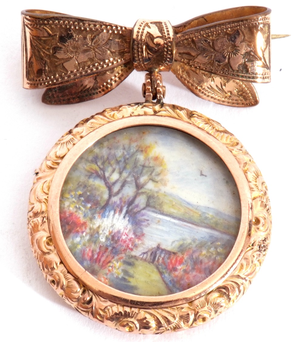 Antique double sided locket, one side painted with a garden river view scene, in ornate chased and - Image 4 of 4