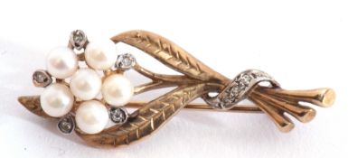 9ct gold pearl and diamond spray brooch, a design featuring five small cultured pearls,