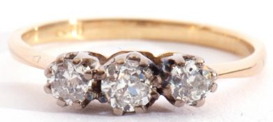 Three stone diamond ring, featuring three graduated old cut diamonds, 0.35ct total approx, stamped
