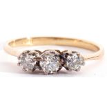 Three stone diamond ring, featuring three graduated old cut diamonds, 0.35ct total approx, stamped