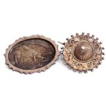 Mixed Lot: two vintage white metal pressed brooches, one of oval shape, the centre with an