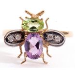 Modern 9ct gold insect ring, the head set with an peridot and an oval amethyst body with diamond set