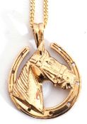 9ct gold "horse" pendant and chain, a design with a profile of a horse"s head within a horseshoe