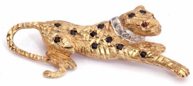 9ct gold, diamond and gem set panther brooch, the heavily textured naturalistic panther decorated