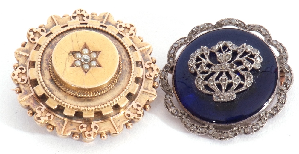 Antique 15ct stamped brooch centring a small old cut diamond and six small seed pearls, verso with - Image 4 of 5