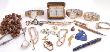 Mixed Lot: costume jewellery and watches, simulated pearl necklace, beads, tea spoons etc