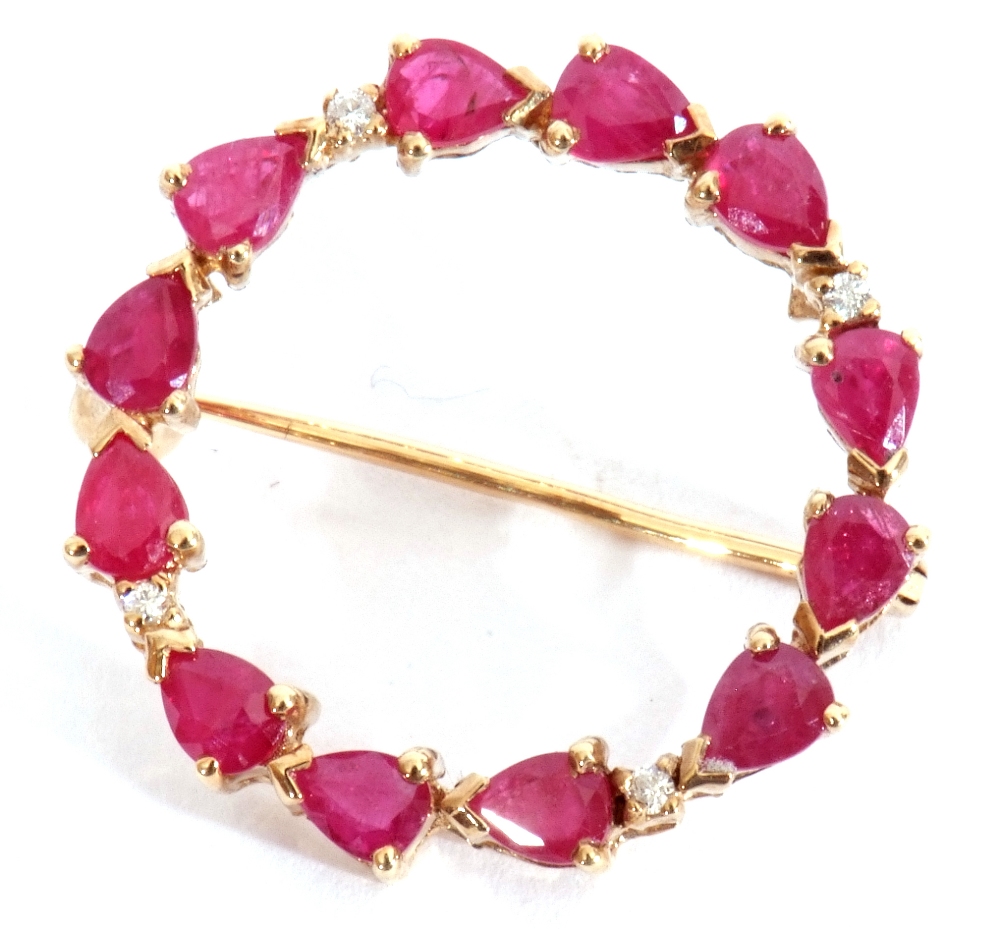 9ct gold ruby and diamond brooch, a garlanded design with groups of three pear shaped rubies, - Image 4 of 4