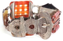 Victorian Scottish white metal and agate bracelet in the form of a belt, five agate panels, chain