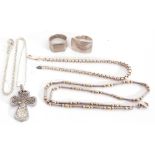 Mixed Lot: two 925 white metal signet rings, a 925 belcher style link bracelet, a 925 bead necklace,