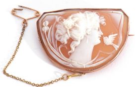 Antique shell cameo brooch depicting a head and shoulders profile of a lady with elaborately dressed