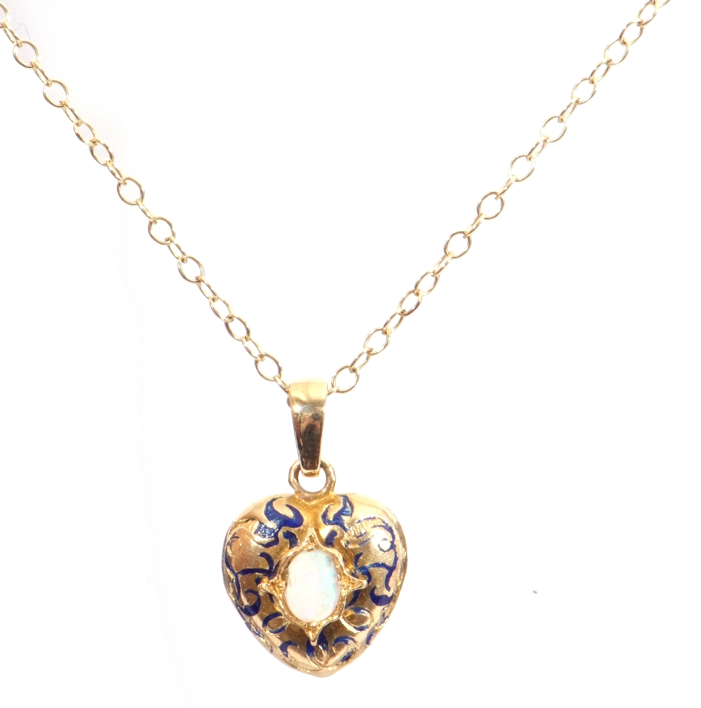 Yellow metal, opal and blue enamel pendant, heart shaped centring an oval opal in an engraved - Image 7 of 8