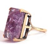 Large amethyst crystal dress ring, rectangular stepped cut, 2 x 1.5cm, raised in a four claw