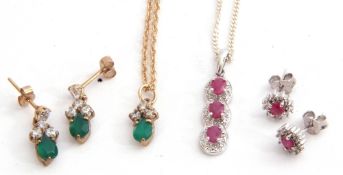 Mixed Lot: modern 925 stamped three stone ruby pendant and matching earrings, together with paste