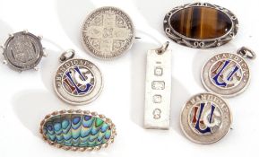 Mixed Lot: two silver and enamelled hallmarked pendants, a matching badge, maker"s mark for Mappin &