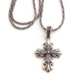 A 925 marked Gothic cross pendant suspended from a rope twist line chain, stamped 925, 26gms g/w