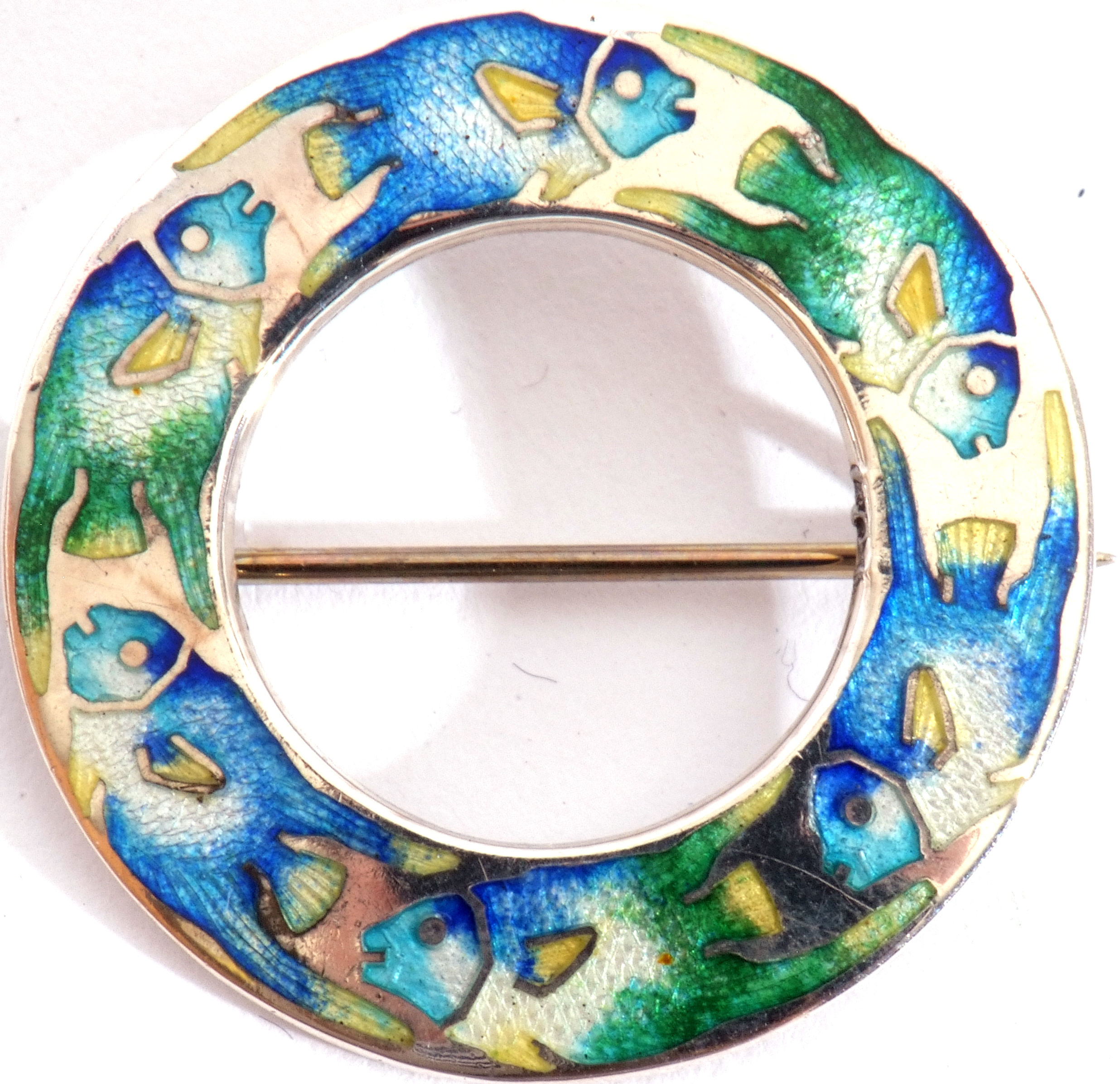 Arts & Crafts sterling and enamel brooch, circular pierced shape, a design of coloured enamel - Image 3 of 5