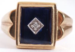 Gents 9ct gold and diamond set ring, the blue iridescent rectangular shaped panel applied with a