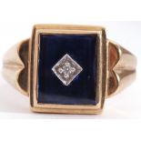 Gents 9ct gold and diamond set ring, the blue iridescent rectangular shaped panel applied with a