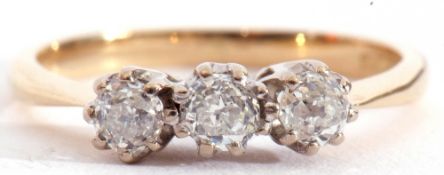 Three stone diamond ring featuring three old cut round diamonds, 0.45ct approx, individually claw