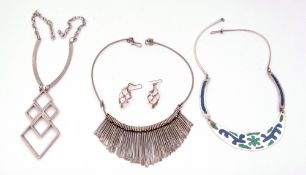 Mixed Lot: Mexican modern white metal stone inlaid necklace, pair of white metal basket earrings,