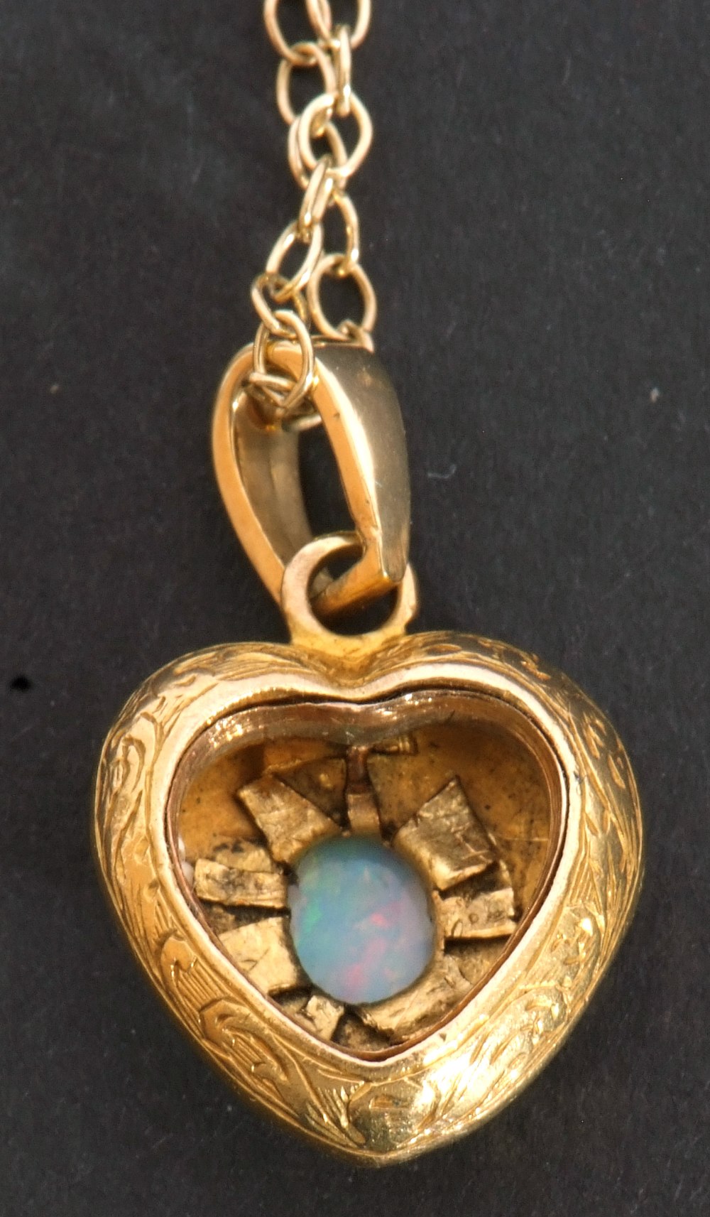 Yellow metal, opal and blue enamel pendant, heart shaped centring an oval opal in an engraved - Image 4 of 8