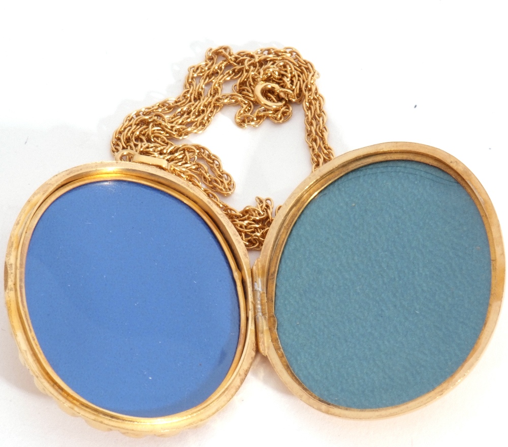 Large gold plated oval locket on a 925 stamped chain together with a porcelain brooch, brass cross - Image 6 of 9