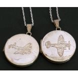 Two 925 stamped circular lockets and chains, each engraved with WWII aircraft (2)
