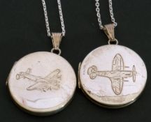 Two 925 stamped circular lockets and chains, each engraved with WWII aircraft (2)